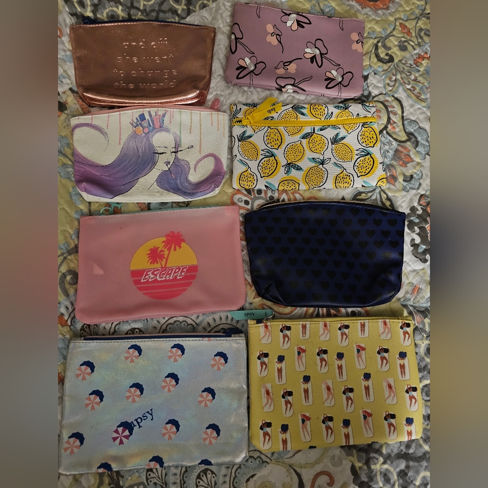 NEW Lot of 8 Ipsy bags all new, never used. Makeup Cosmetic GlamBags.